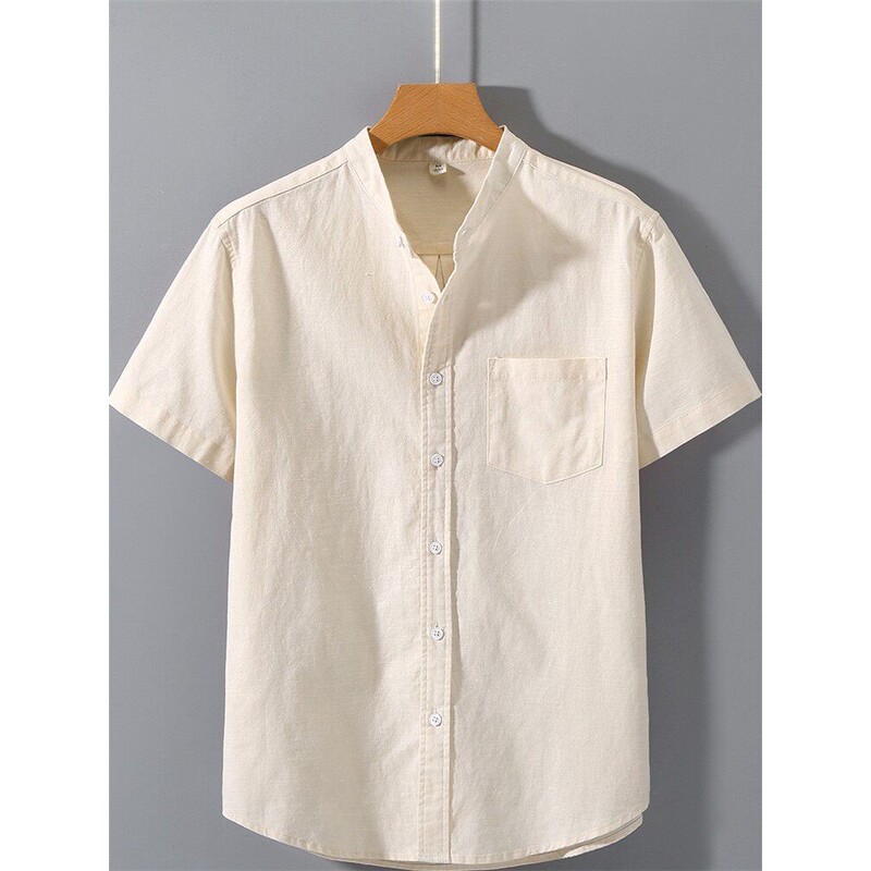 Summer Chinese Style Linen Short-Sleeved Shirt for Men, Stand-Up Collar Casual Top, Thin Loose-Fitting Youth Half-Sleeved Cotton and Linen Shirt Summer Chinese Style Linen Short-Sleeved Shirt for Men, Stand-Up Collar Casual Top, Thin Loose-Fitting Youth Half-Sleeved Cotton and Linen Shirt