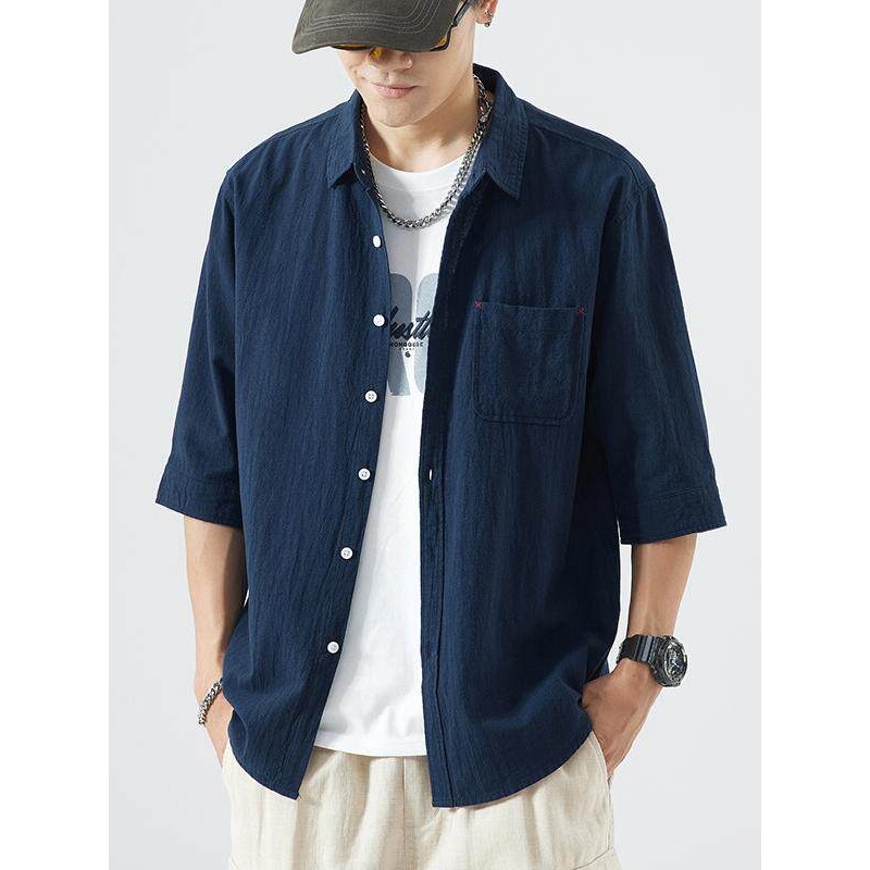 Linen 7/8 Sleeve Shirt for Men, Summer Vintage Solid Color Pocket Shirt, Cotton-Linen Non-Iron Casual Short Sleeve Top