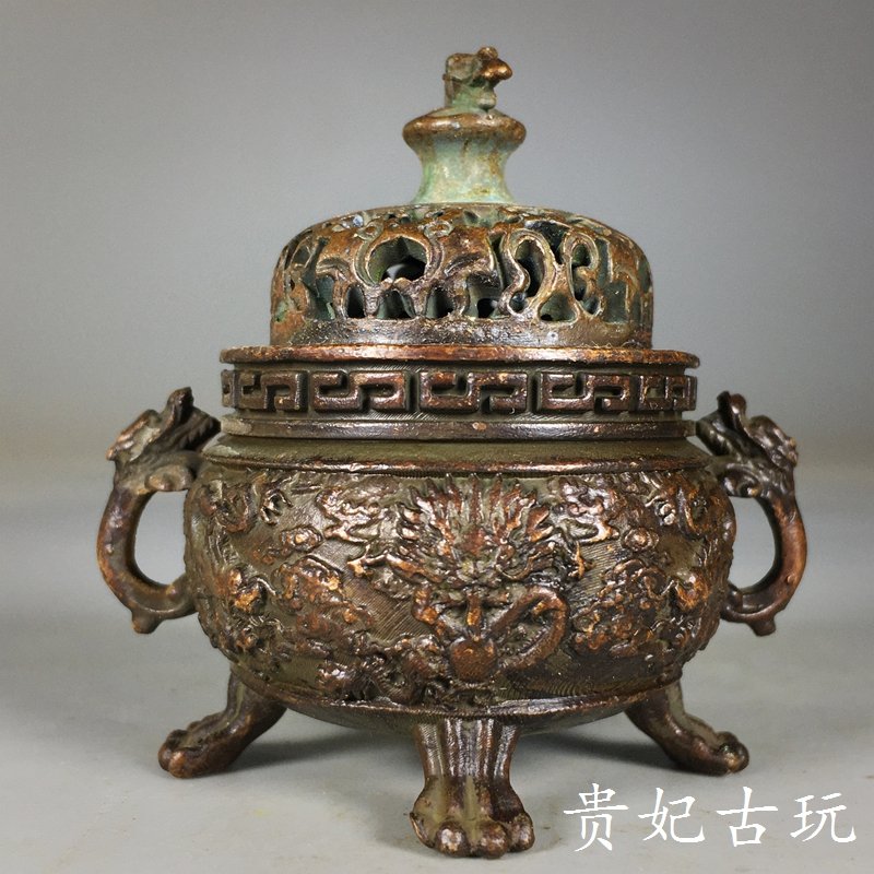 铜器 香炉 九龙双耳三象足熏香炉 客厅 书房 茶室 香道具 装饰品 工艺品 置物 复古老物件纯铜瑞兽三足双耳九龙鼎家居茶道熏