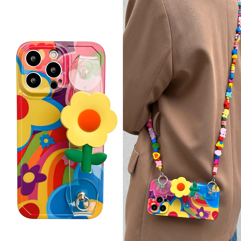 Colorful Graffiti Flower Wrist Strap Suitable for iPhone 17 Pro Max, Apple 16 Pro Phone Case, 15/14 with Strap, 13 Crossbody, 12 with Building Block Lanyard, 11 Niche Style, XS Max, New Xr, Women's Soft Case