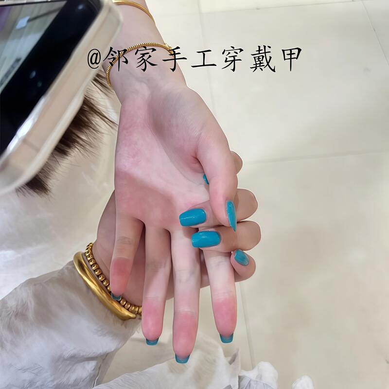 Summer Short and Medium-Length High-End Nail Patches for Pregnant Women, Available in Finished Blue-Green Solid Color, Handmade