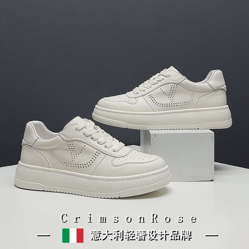 Cr Luxury Italian 2026 Summer Genuine Leather Soft-Soled Thick-Soled White Sneakers Thin Breathable Casual Men's Sneakers Europe