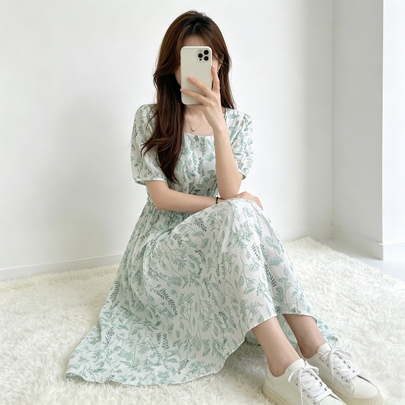 Cotton Silk Young Style Floral Dress Summer Thin Loose Slimming Rayon Mid-Length Outer Wear Women's Dress Cotton Silk Young Style Floral Dress Summer Thin Loose Slimming Rayon Mid-Length Outer Wear Women's Dress