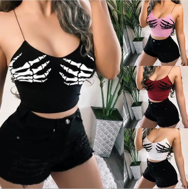 Готический скелет рукописная картина BodyCon укороченный комбинезон ОПС ЖЕНЩИНЫ СЕКСЫ V-образный вырез