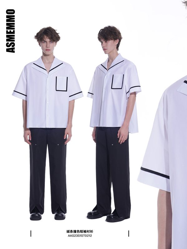 Asmemmo Yiwawa• "Island Postman" Velvet Color-Block Short-Sleeve Shirt Summer Solid Color Pocket Top for Men