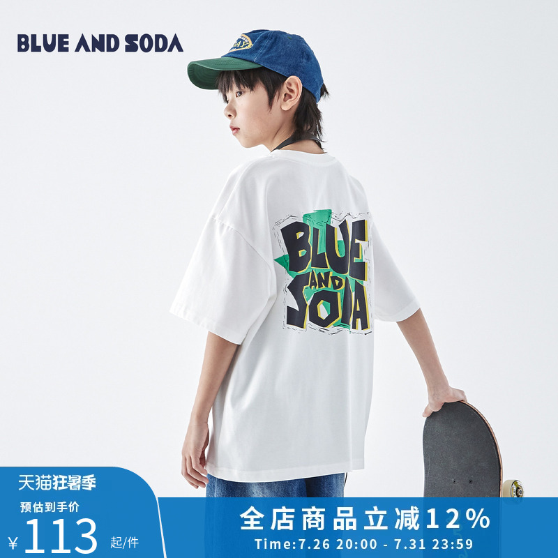 Blue Soda 26 Summer Boys' Color-Block Letter Print Short-Sleeve Youth Street Style Cool Loose Cotton T-Shirt