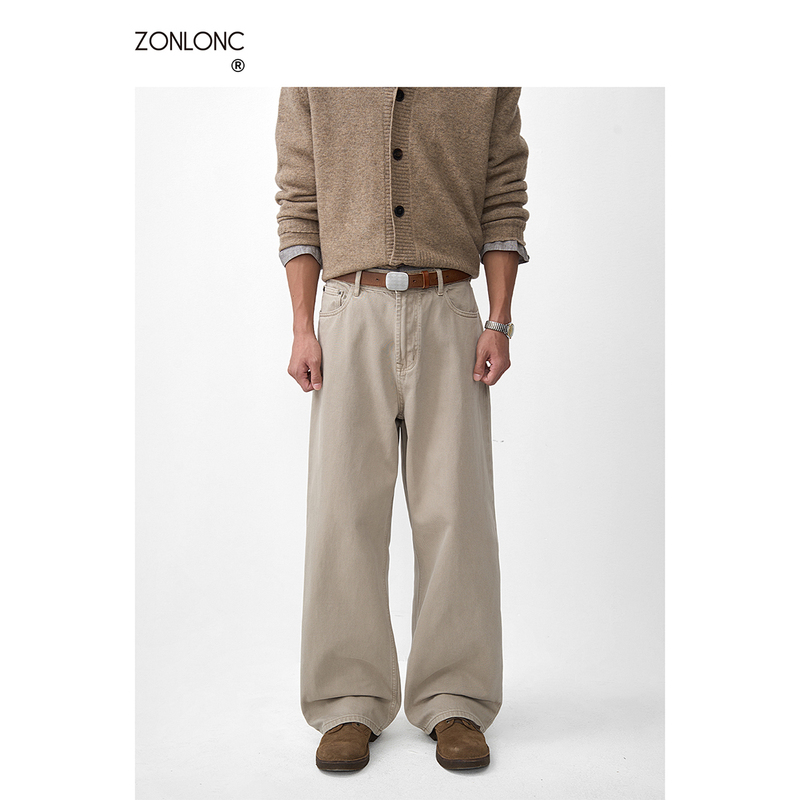 Zonlonc Khaki Asoete Dyeing Distressed Jeans Men's High-Density Straight-Leg Wide-Leg Pants