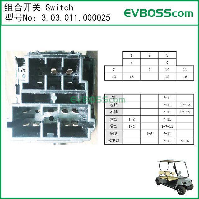 3.03.011.000025 Combination Switch Switch/Green Tong Golf Cart Single Arm Switch Lvtong