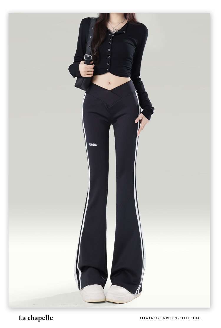 拉夏贝尔美式条纹黑色微喇卫裤女2025秋季三角腰设计感休闲喇叭裤详情14