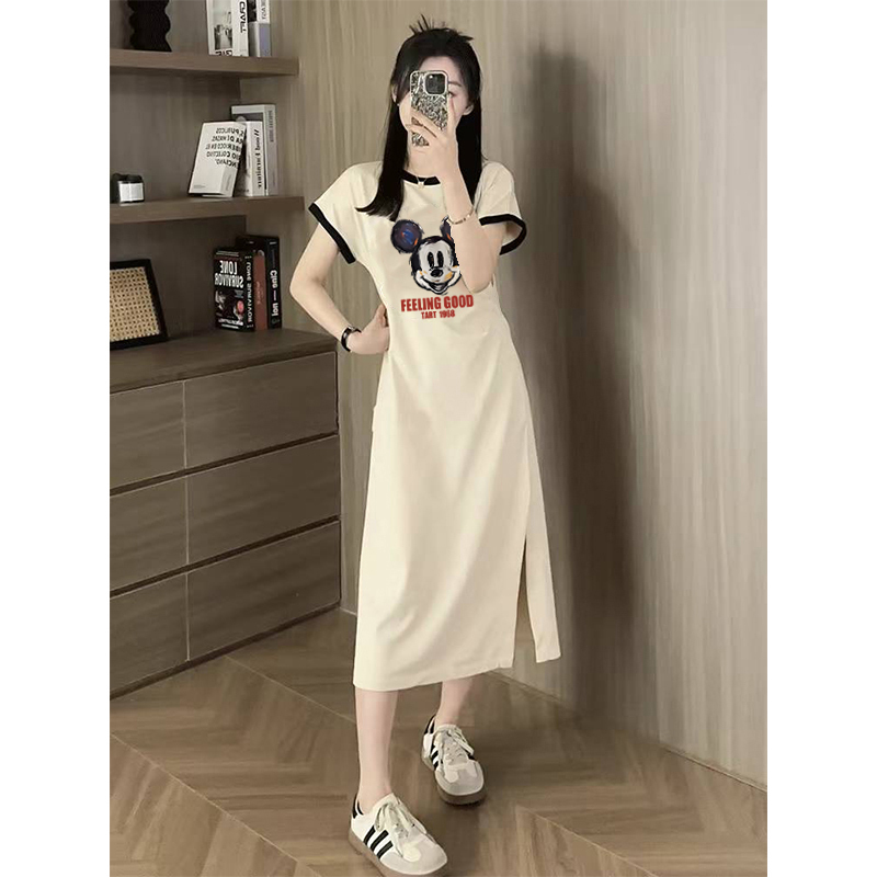Temperament, Slim, Sense of Design and Sense of Design Dress, Summer New Design, Slit Hem, Long Slim Fit T-Shirt Dress, Trendy Temperament, Slim, Sense of Design and Sense of Design Dress, Summer New Design, Slit Hem, Long Slim Fit T-Shirt Dress, Trendy