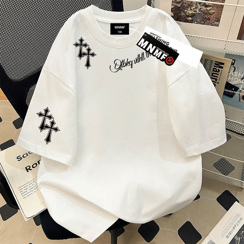 American-Style Trendy Heavyweight Pure Cotton Short-Sleeve T-Shirt for Boys and Girls with Cross Letter Print, Loose and Versatile Summer Top