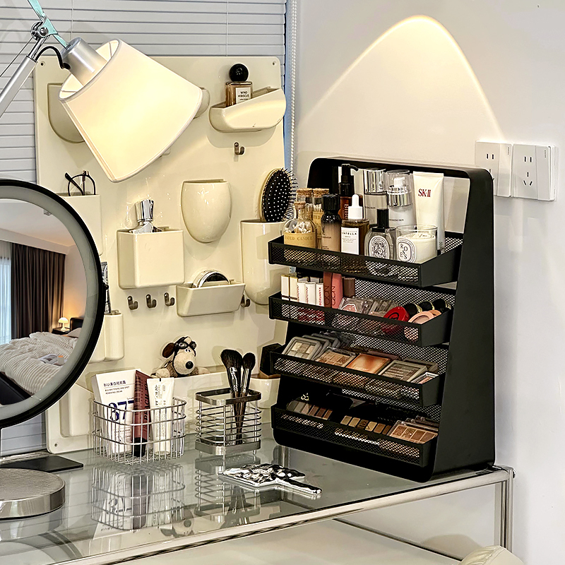 Retro Iron Art Cosmetics Storage Rack Bedroom Dressing Table Skin Care Products Foundation Perfume Desktop Multi-Layer Storage Box