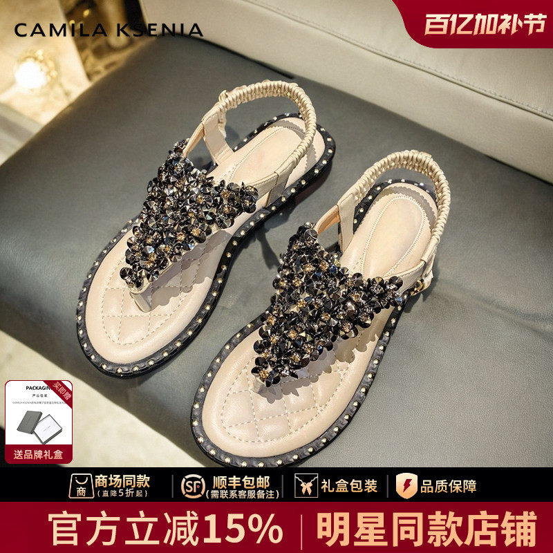 Official Website Small C&K official store 2026 New Women's Summer Outdoor Thong Sandals Flat Fashion Rhinestone Roman Shoes