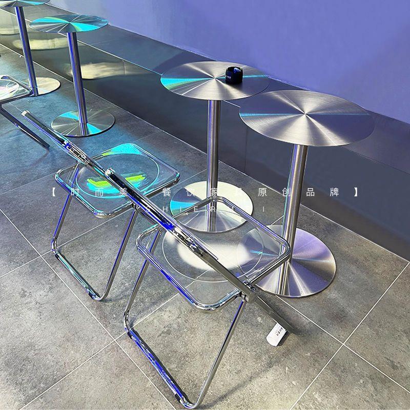 Industrial Wind Coffee Shop Milk Tea Shop Stainless Steel Table And Chairs Combo Net Red Dessert Small Eating Shop Folding Chair Commercial Manufacturer-Taobao