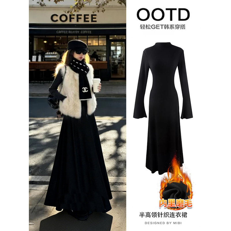 Black Turtleneck Knit Dress for Women, Perfect for Fall and Winter, Stylish Long Dress for Layering, Thick and Fleece-Lined Black Turtleneck Knit Dress for Women, Perfect for Fall and Winter, Stylish Long Dress for Layering, Thick and Fleece-Lined