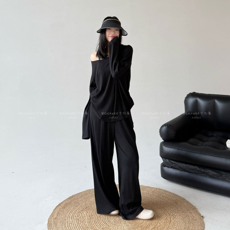 Seventeen-Piece Lyocell Cotton Set, Loose Long-Sleeve T-Shirt, Drapey Wide-Leg Casual Pants, Floor-Length, Relaxed Fit, Summer Women's Wear Seventeen-Piece Lyocell Cotton Set, Loose Long-Sleeve T-Shirt, Drapey Wide-Leg Casual Pants, Floor-Length, Relaxed Fit, Summer Women's Wear