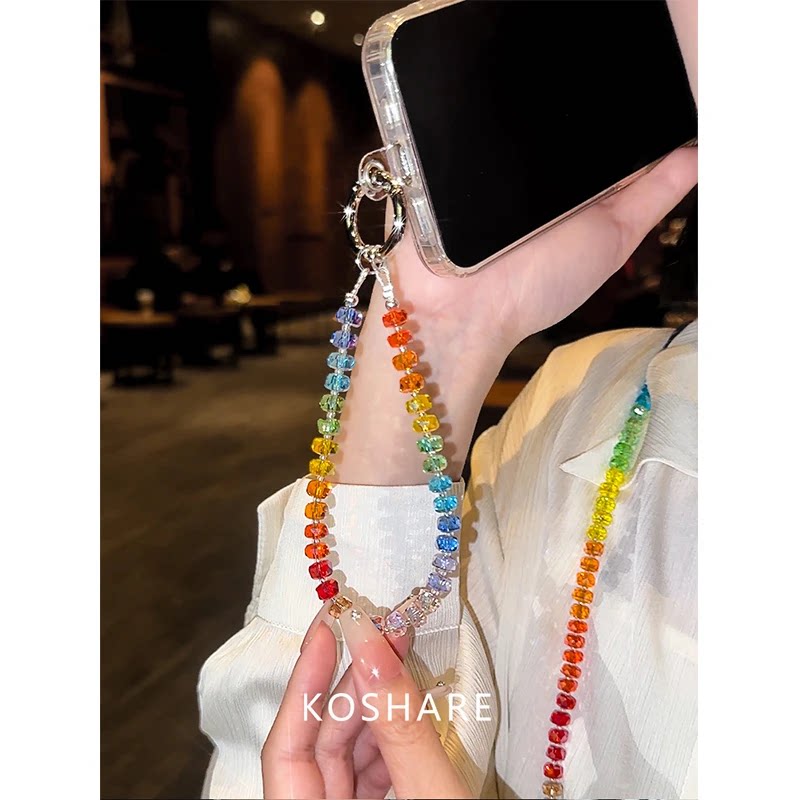 Rainbow Candy Summer Fresh Crossbody Wristband Phone Chain Hanging Rope Rhinestone High-End Decorative Chain Cute Creative Colorful Women's Personalized Wrist Chain Dopamine Anti-drop Bracelet