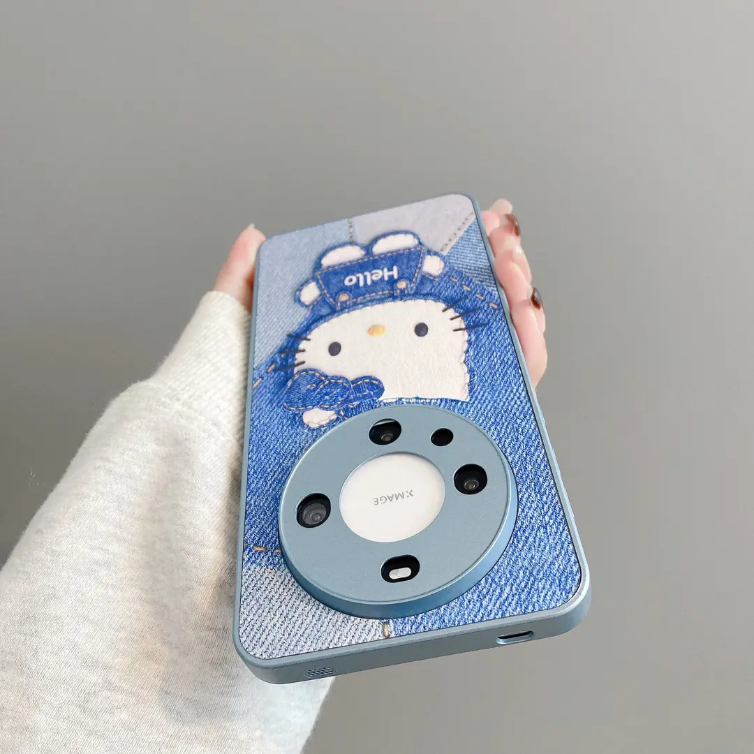 Metal Leather Denim Kt Phone Case Suitable for Apple 17 Pro Max, Huawei Mate 60, Creative Pura 70, Cute Oppo Reno 14, Cartoon Vivo S30/X200, Full Coverage Honor 400 for Women