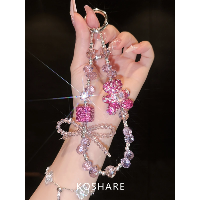 [Heartbeat Bear]Crossbody Wristlet Phone Chain Lanyard Keychain with Sparkling Rhinestones, High-End Decorative Chain, Light Luxury Fashion Trend, Anti-Drop Bracelet Wristband, Neck Chain, Long Chain, Women's Gift