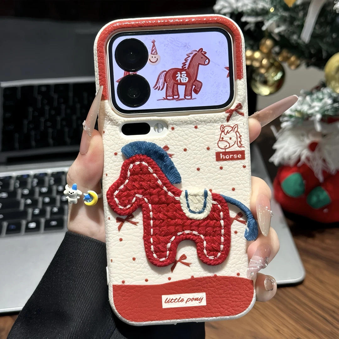 New Year Embroidered Pony Lanyard Suitable for Apple 17 Pro Max Phone Case, Huawei Mate 60 Pro New Model, Pura 70 Creative, Oppo Reno 14 Autumn and Winter, Vivo X300 Leather Texture, Xiaomi 17 for Women