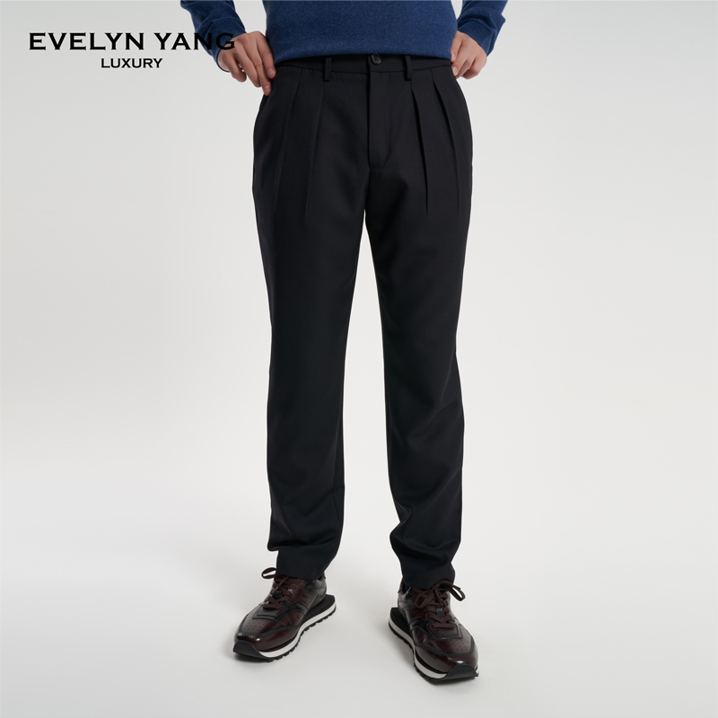 Evelyn Yang New Autumn Style Men's L*P Tasmanian Wool Black Comfortable and Stylish Pleated Pants