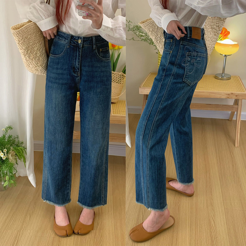 Blue Embroidered Cropped Straight-Leg Jeans for Women, Summer New Style, Plus Size, Stretchy, Petite, Frayed Hem Baguette Pants