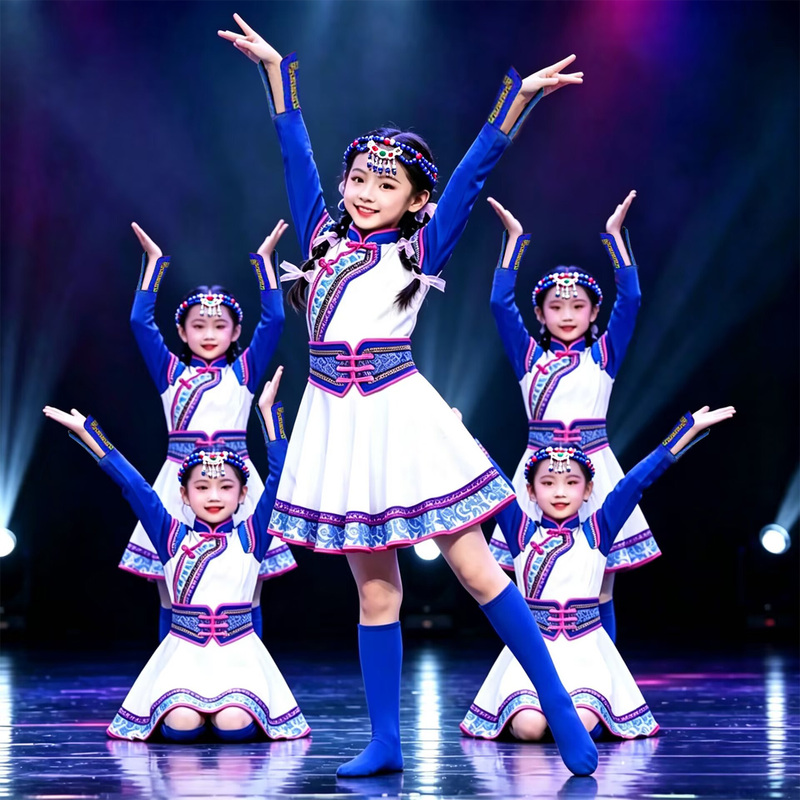 Children's Mongolian Grassland Little Horse Dance Costume for Girls, White Auspicious Mongolian Clothing, Chopstick Dance White Horse Performance Costume Children's Mongolian Grassland Little Horse Dance Costume for Girls, White Auspicious Mongolian Clothing, Chopstick Dance White Horse Performance Costume