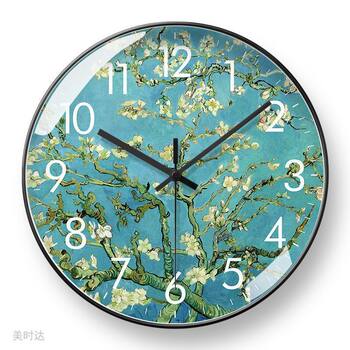 Van Gogh Oil Painting Wall Clock Quartz Clock Famous Painting of Almond Blossoms and Wheat Fields European and American Style Home Living Room Radio Clock Automatic Time Synchronization Clock