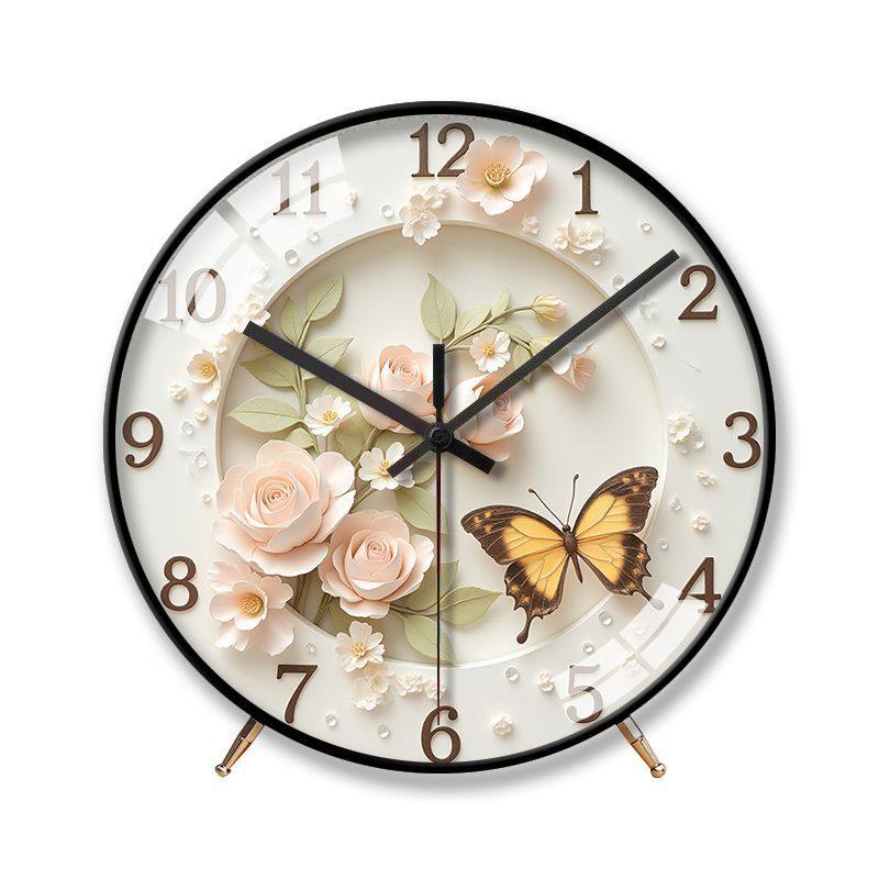 French-Style Butterfly Nordic Clock, High-Value Art Painting, Silent Bedroom and Living Room Creative Home Desk Clock, Quartz Clock