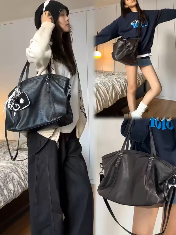 2025 Spring/Summer New High-End Black Oil Wax Leather Shoulder Tote Bag Versatile Crossbody Commuter Handbag Underarm Bag