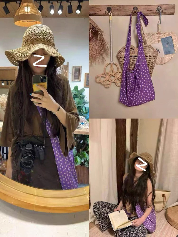 Good Mood in Summer! Original Design, Niche Design, Lightweight French-Style Purple Floral Single-Shoulder Crossbody Canvas Bag