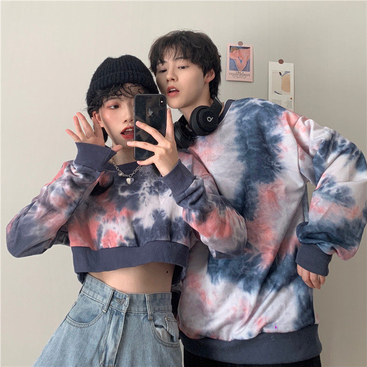 2020 autumn new Korean style loose long-sleeved high-waist short top ins couple wear tie-dye sweater women