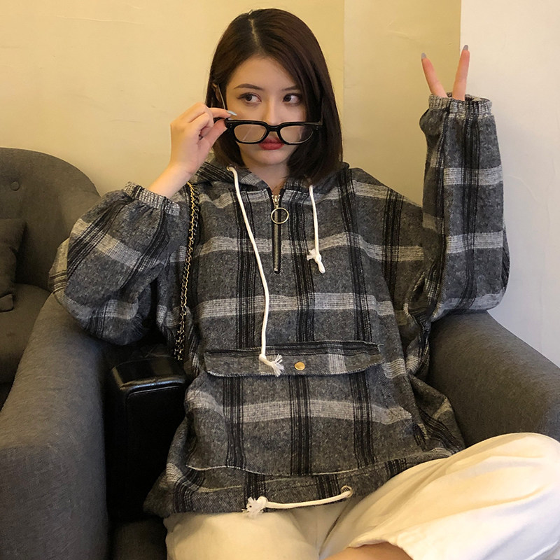 Real shot hooded woolen woolen loose half zipper student college style long-sleeved thickened plaid zipper jacket female