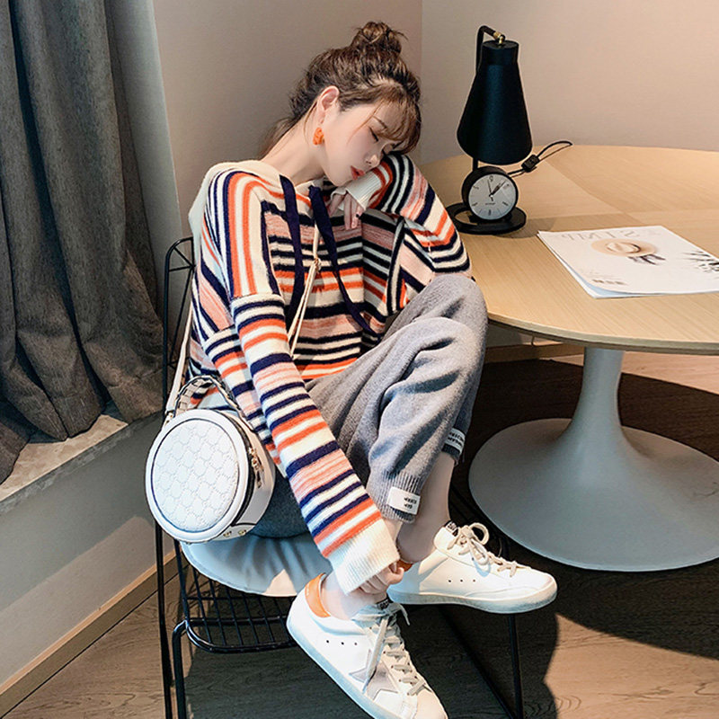 Student knitted sweater harem pants fashion suit 2021 autumn and winter Korean style lazy wind pullover women's two-piece set