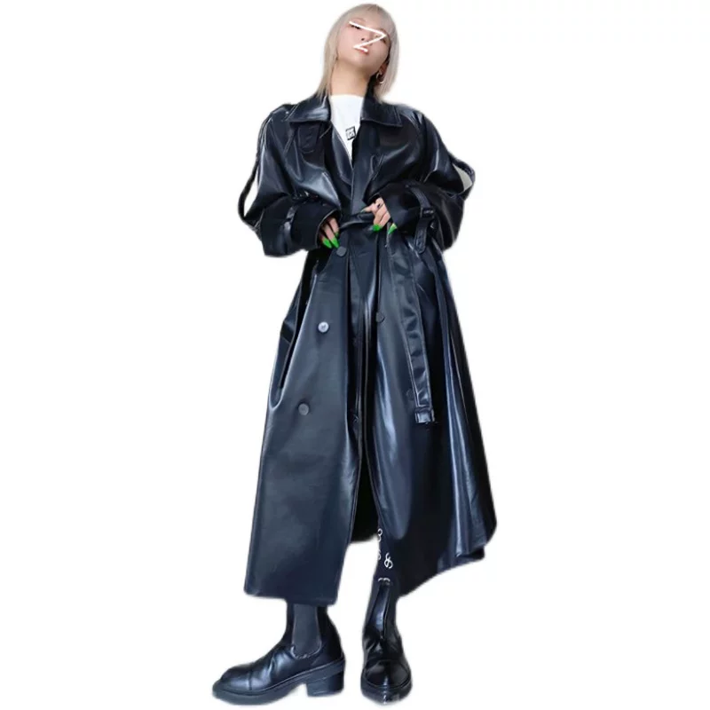 Черное демисезонное длинное trench Coat, куртка из полиуретана, стиль высокого качества, oversized, максимальная длина, увеличенная толщина