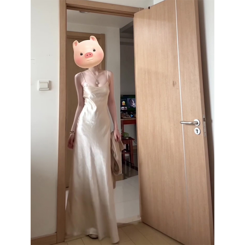 Cry Slightly Fat French High-End Satin Suspender Dress Women's Summer Style Gentle Elegant Waist-Covering Hip Long Skirt