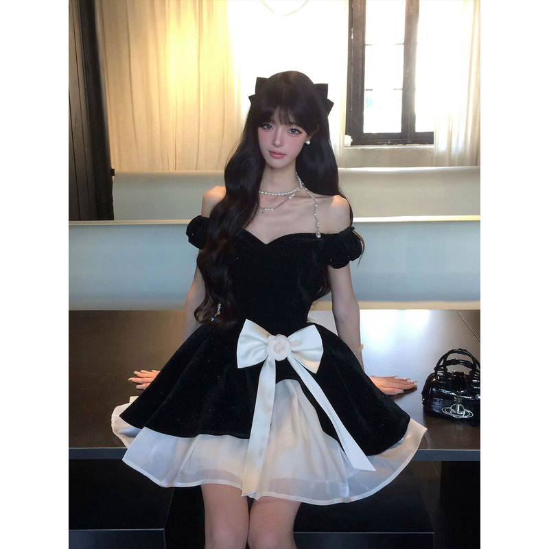 Cry Slightly Chubby French Hepburn Style Off-Shoulder Bow Dress Women's Birthday High-End Party Banquet Dress