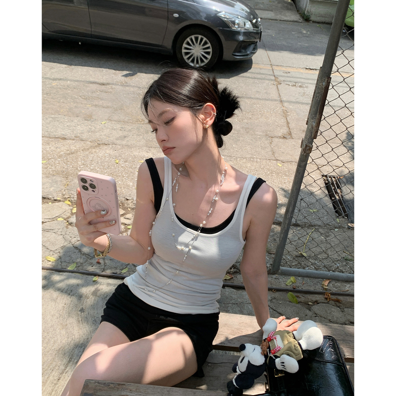 Hamyiho Retro Design Color-Blocking Two-Piece Camisole for Women, Summer Outerwear, New Sleeveless Trendy Top