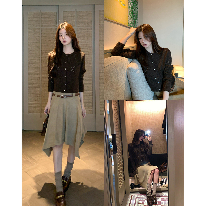 Hamyiho Kochi Miu Series Diamond Jacquard Knitted Cardigan Sweater for Women, Autumn Suede Irregular Skirt Set Hamyiho Kochi Miu Series Diamond Jacquard Knitted Cardigan Sweater for Women, Autumn Suede Irregular Skirt Set