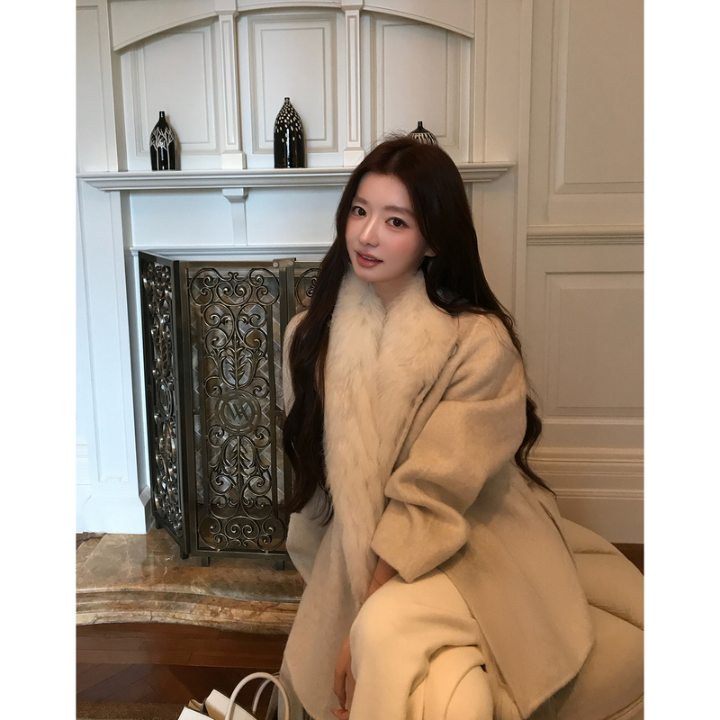 Hamyiho Wool Double-Sided Woolen Coat for Women, Winter Mid-Length Fox Fur Woolen Coat with Velvet Lining