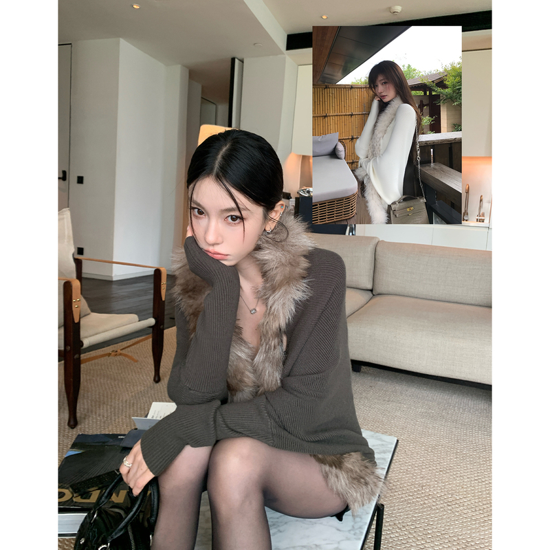 Hamyiho Korean Style Fur Collar Patchwork Sweater Cardigan for Women, Autumn Lazy Design Batwing Sleeve Knitted Shawl Coat Hamyiho Korean Style Fur Collar Patchwork Sweater Cardigan for Women, Autumn Lazy Design Batwing Sleeve Knitted Shawl Coat