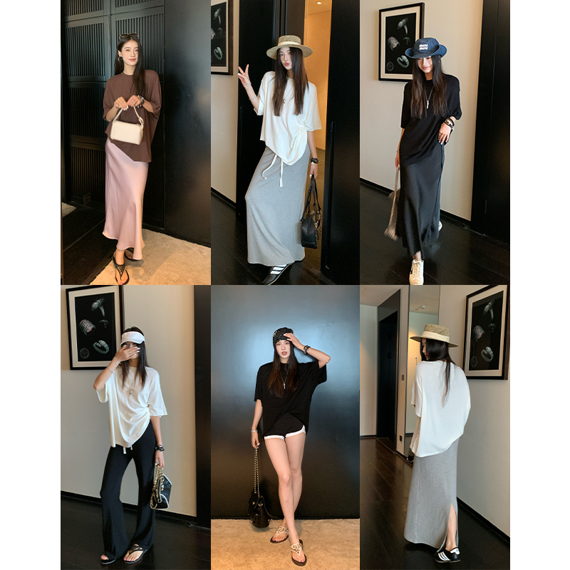 Hamyiho Black Loose Short-Sleeved T-Shirt for Women 2026 Summer New Style Lazy Style Modal Draped Top Korean Style