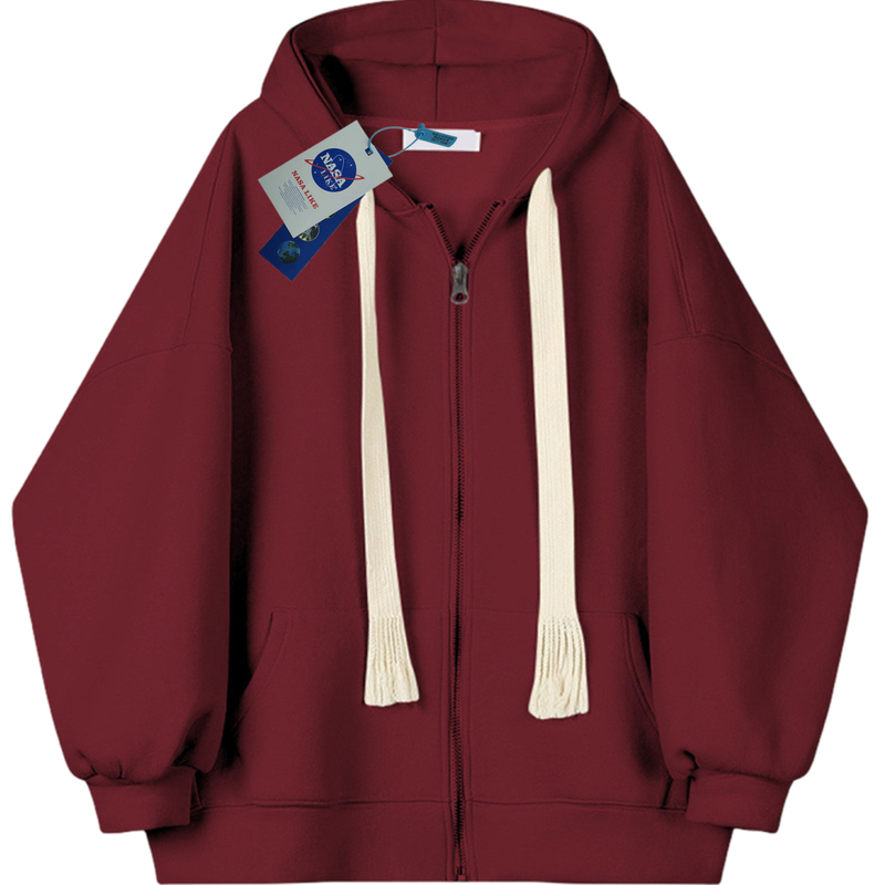 Fleece-Lined and Thickened Burgundy Cardigan Zip-Up Hoodie Jacket for Autumn and Winter, Unisex Couple Loose Top