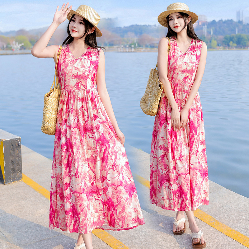 Cotton Silk Dress 2025 New Summer Tank Top Temperament Loose Slimming Belly Covering Suspender Floral Long Skirt