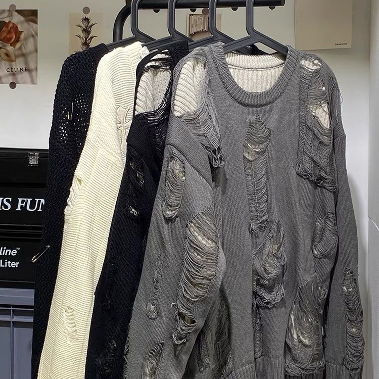 150kg High Street Ripped Reversible Sweater for Men and Women ins Hip-Hop Loose Oversized Knitwear for Big and Tall People, Fake Two-Piece Trendy Knitwear