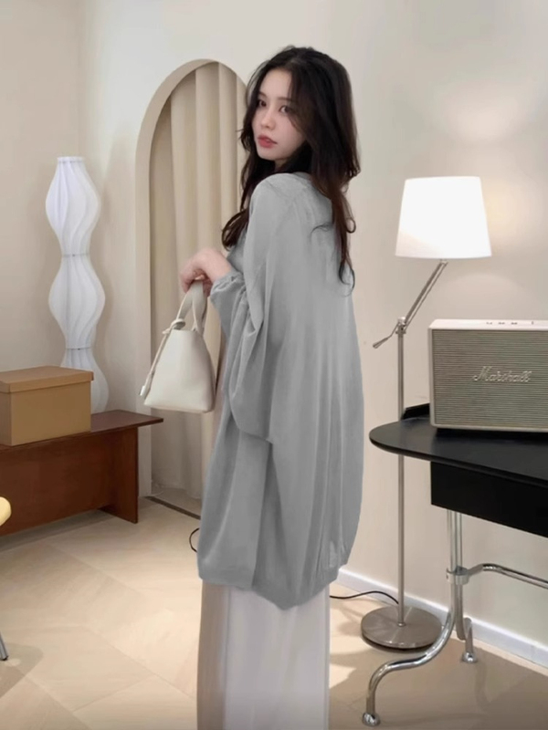 Gray Elegant Thin Ice Silk Sun Protection Knitted Cardigan for Women, Summer Lazy Style Outerwear, Air Conditioning Cover-Up Shawl Jacket