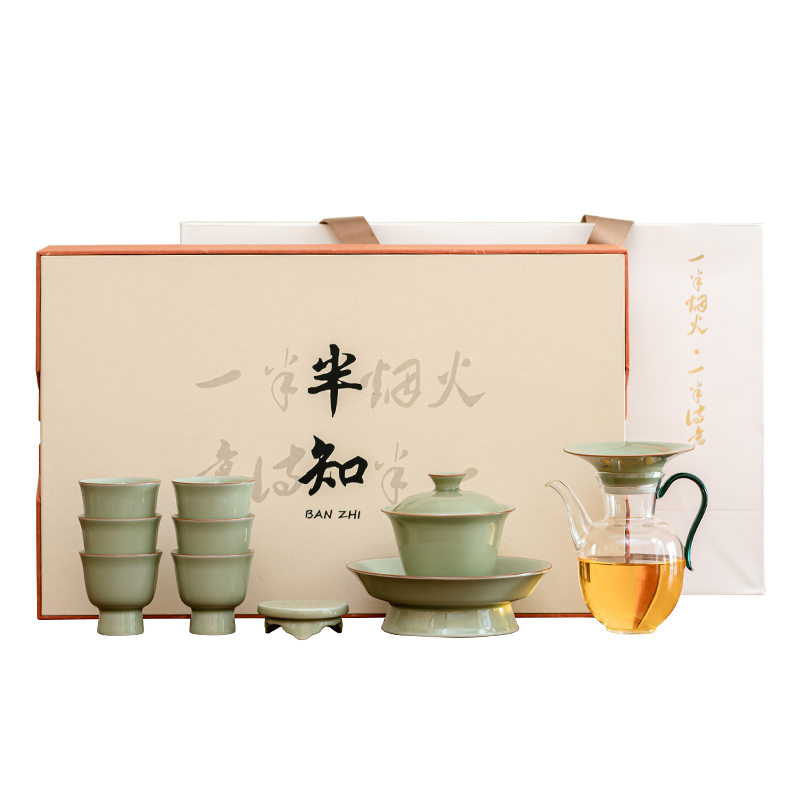 倾造集宋青釉半知玻璃壶陶瓷盖碗六茶杯茶具套装高端伴手礼礼盒装