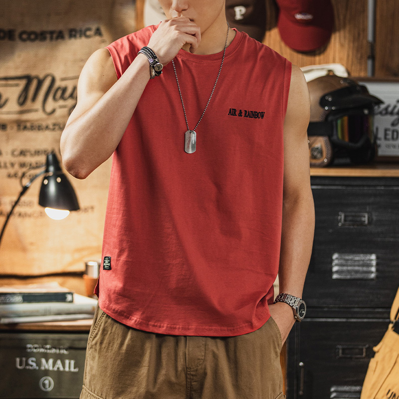 Brick Red Pure Cotton Sleeveless T-Shirt for Men, Summer Fitness Sports Vest, American Retro Embroidered Vest T-Shirt for Men