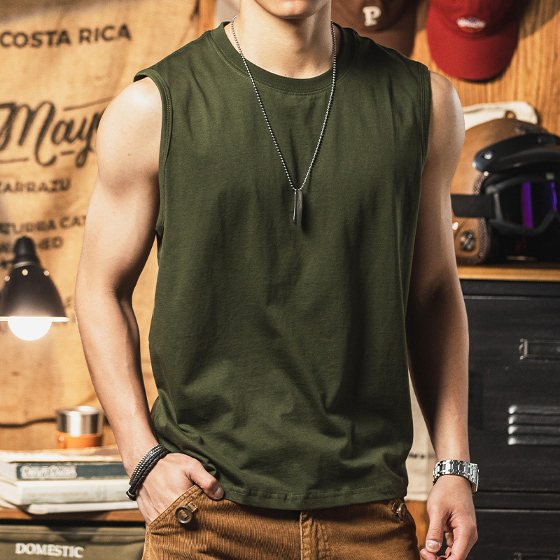 Military Green Pure Cotton Sleeveless Men's T-Shirt Vest, Summer Breathable Sports Sweat Vest, American Retro Vest T-Shirt