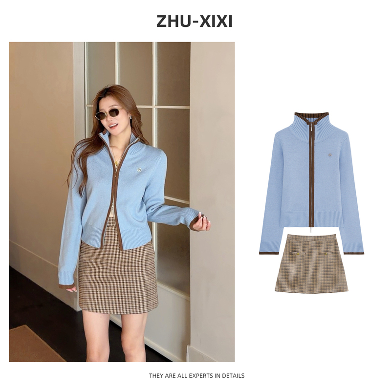 Happy Celebrations [Blue and Brown Color Block] Autumn and Winter Slimming Versatile Double-Zipper Long-Sleeve Cardigan and Short Skirt Set